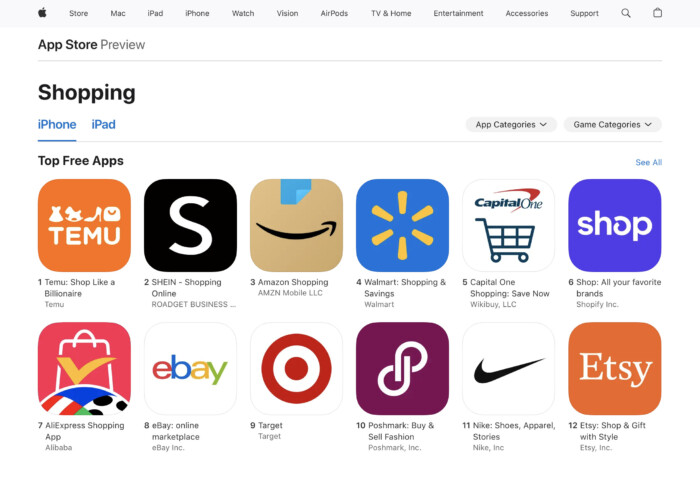 The most popular shopping apps (App Store)
